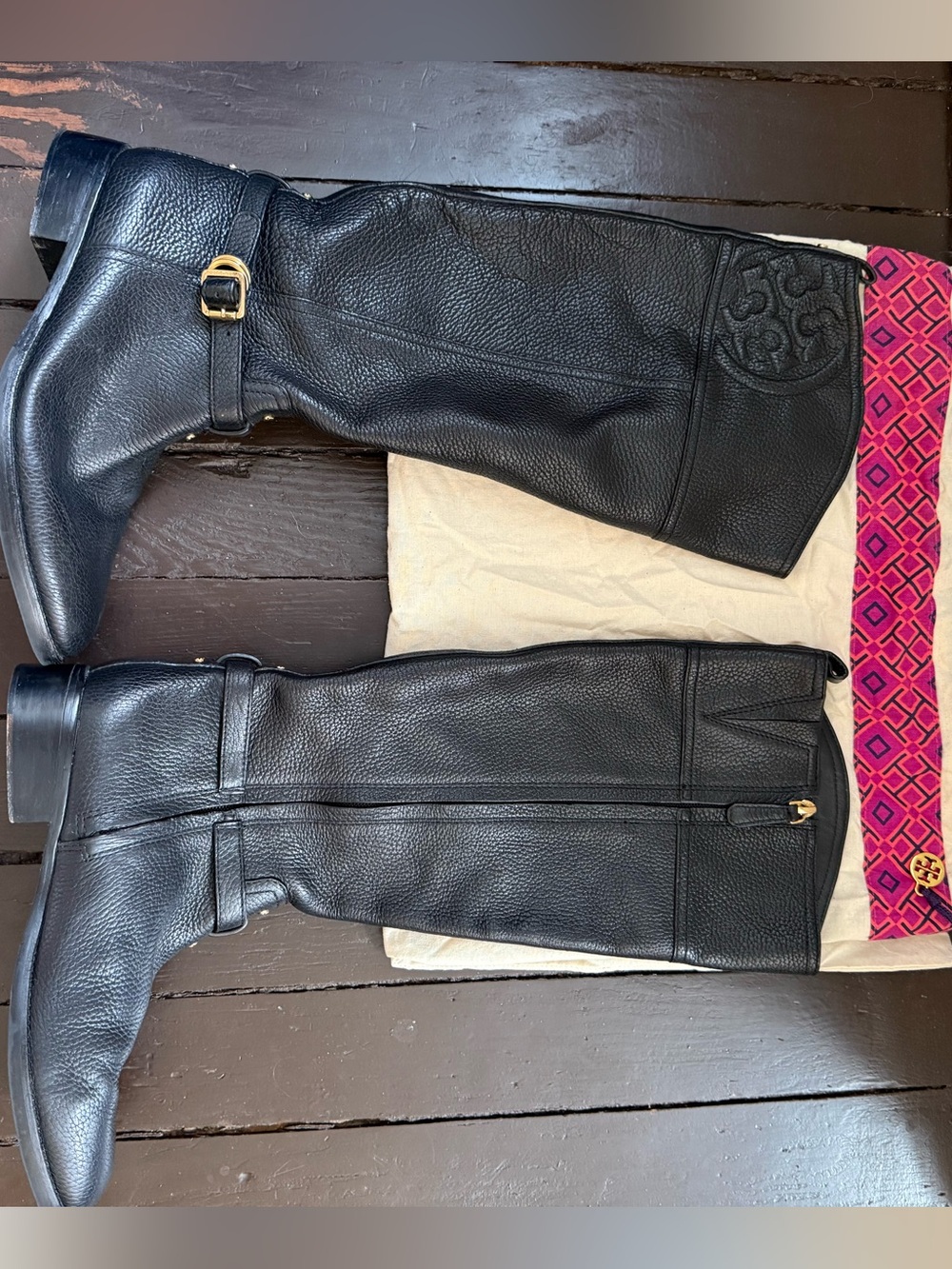 Tory Burch Black Leather Knee-High Riding Boots with Logo